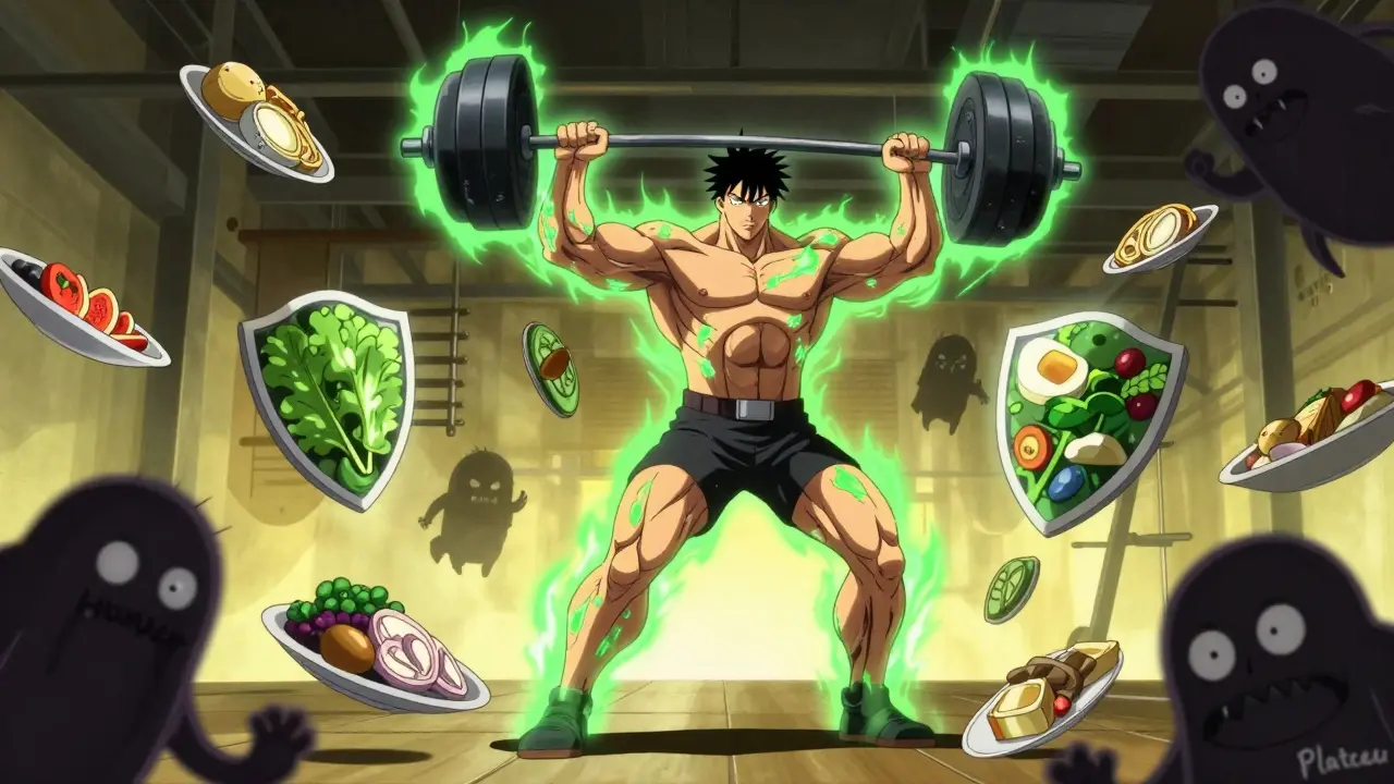 Heroic figure lifting weights protected by food shields against hunger monsters