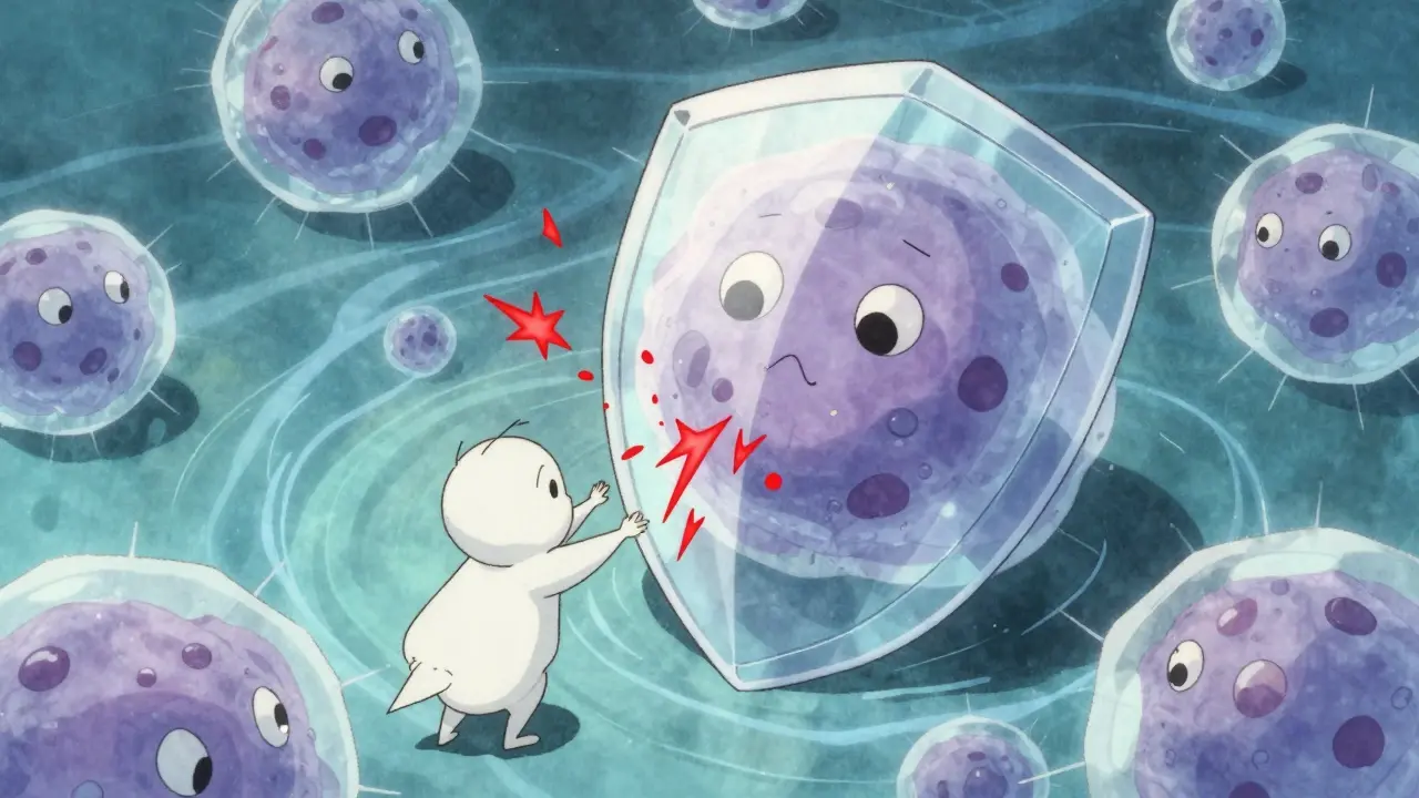 Manga-style illustration of protective shields calming agitated mast cells, blocking inflammatory signals.
