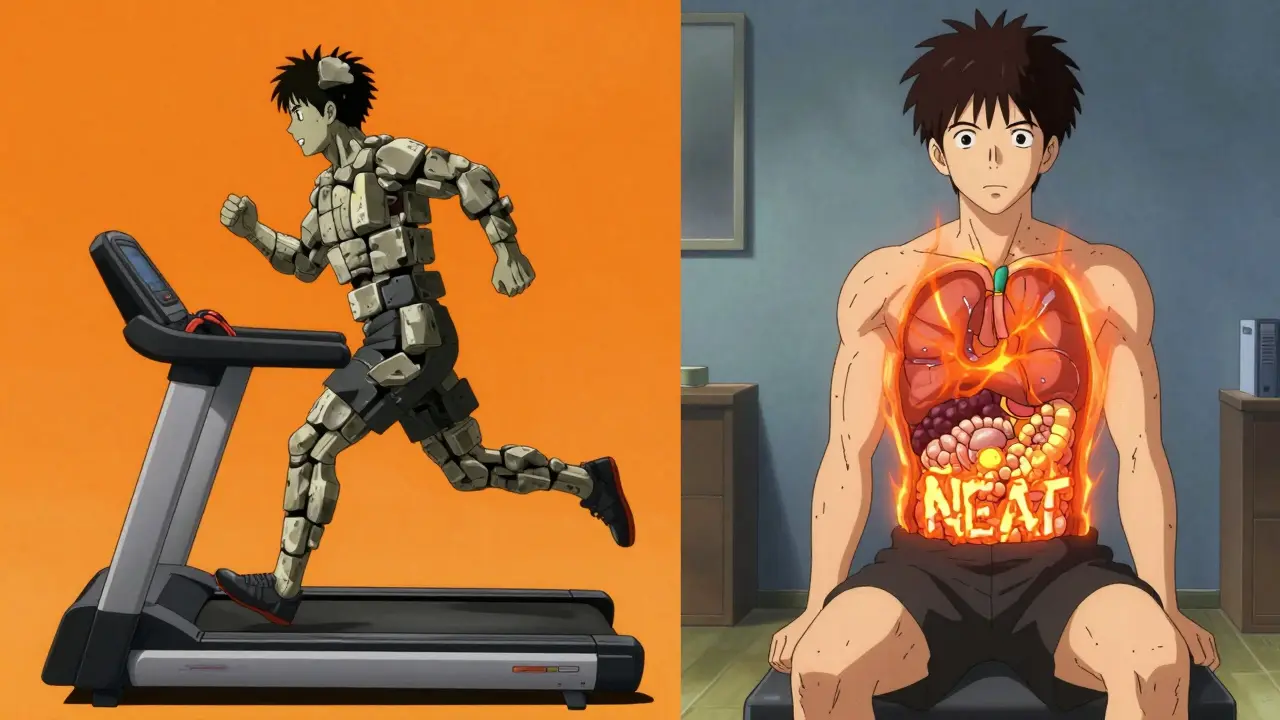 Split scene showing runner turning to stone vs sitting figure glowing with heat