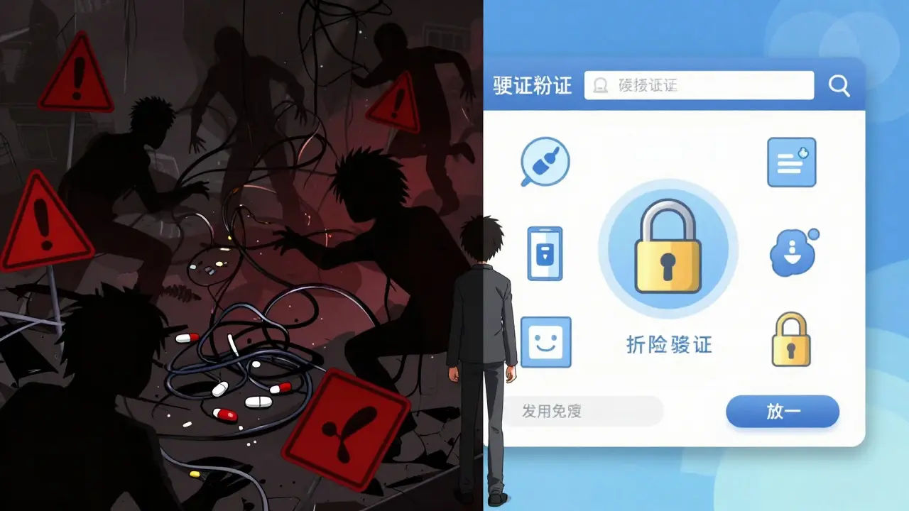 Split screen showing scam dangers vs safe verified online pharmacy options