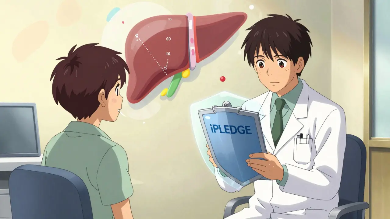 Stylized scene of dermatologist consultation with safety symbols