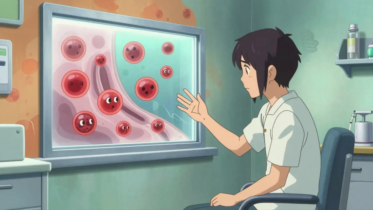 Anime character viewing their bone marrow through a transparent hand, showing blood cell health.