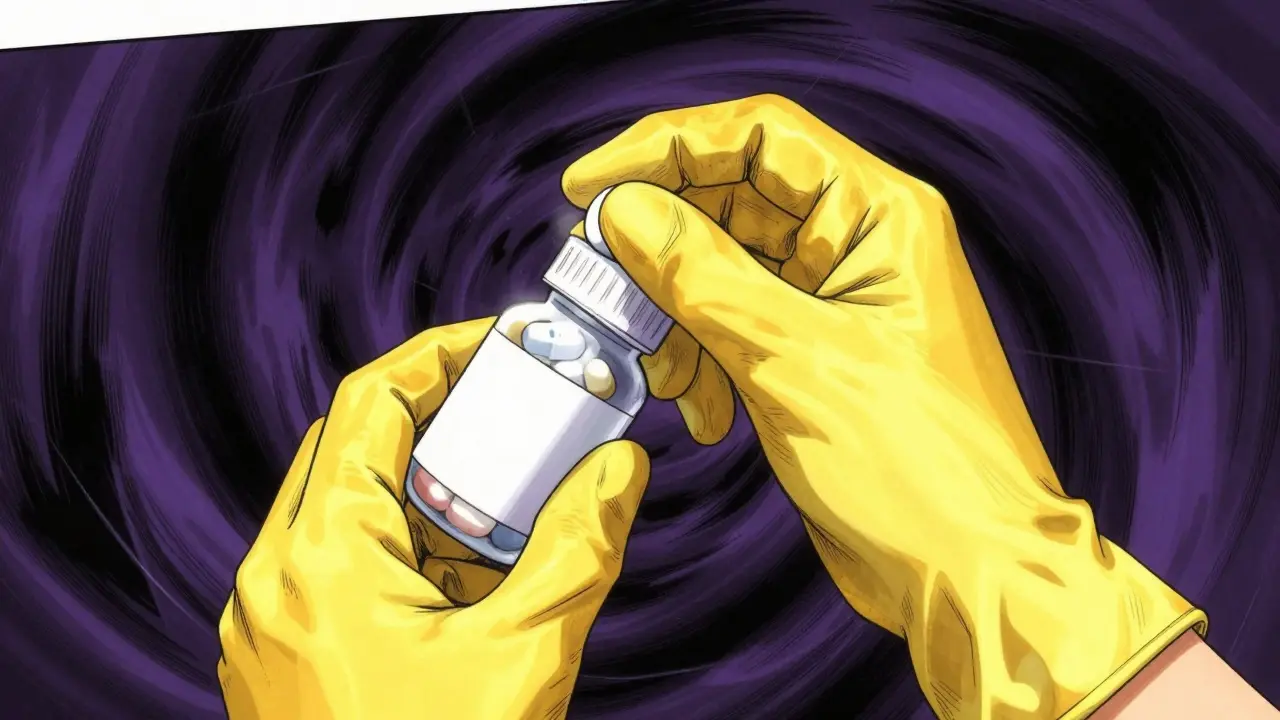Anime close-up of gloved hands handling pills safely