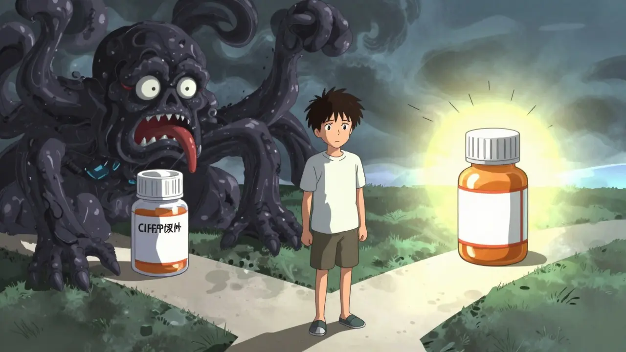 Anime patient choosing between dangerous drug combo monster and safe medication path