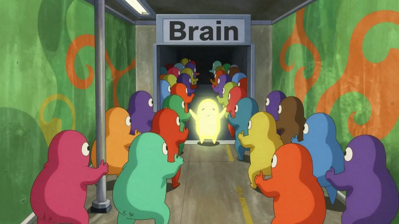Anime style: Amino acids blocking levodopa at a cellular gateway, surreal metaphor