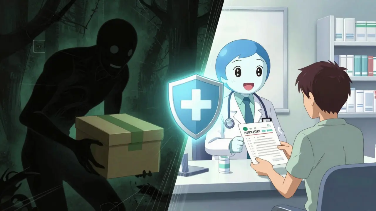 Anime style contrast between unsafe dark shadows and safe, verified telehealth care.