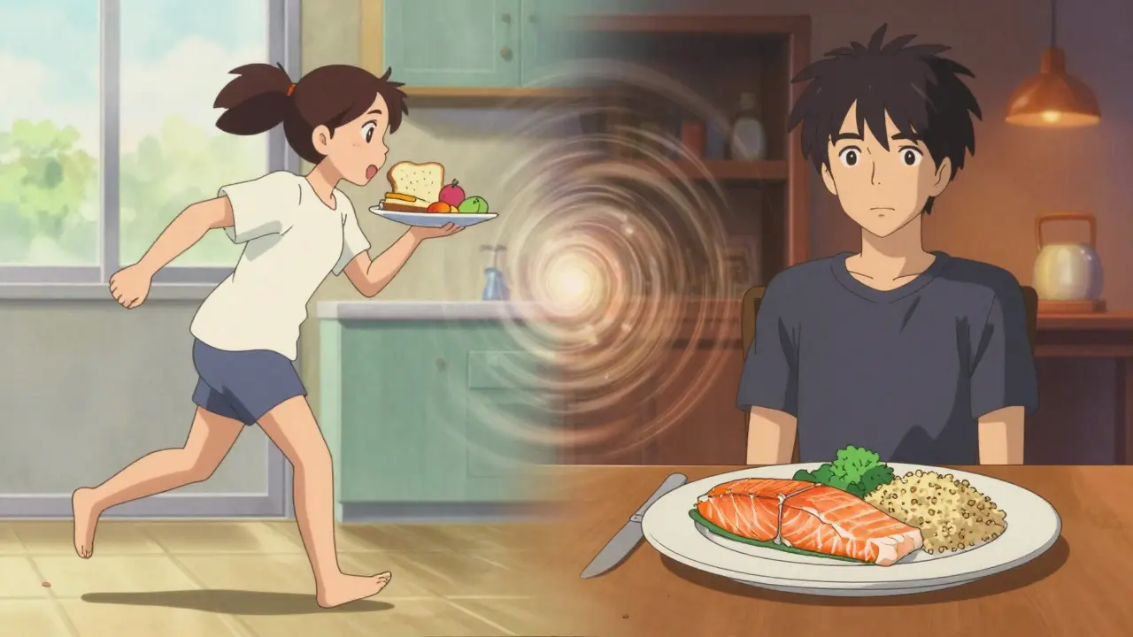 Anime style: Split scene showing low-protein day meals vs high-protein dinner strategy