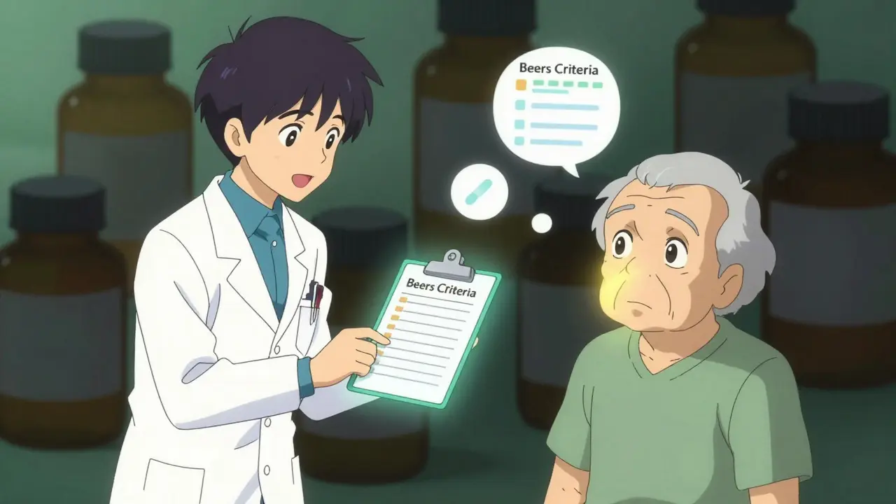 Caregiver and doctor shielding a senior from dark pills with a glowing prescription plan, symbolizing clarity.