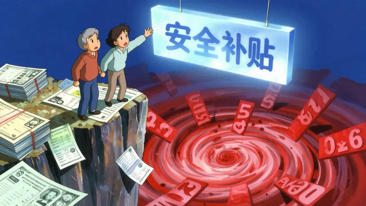 Couple standing on edge of financial cliff, looking toward safety of subsidy.
