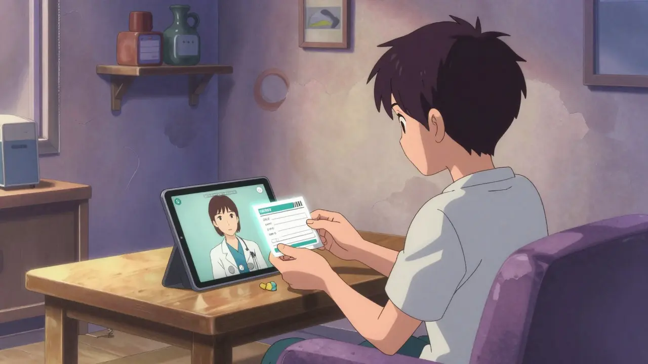 Cozy anime scene of a patient having a telehealth video consultation