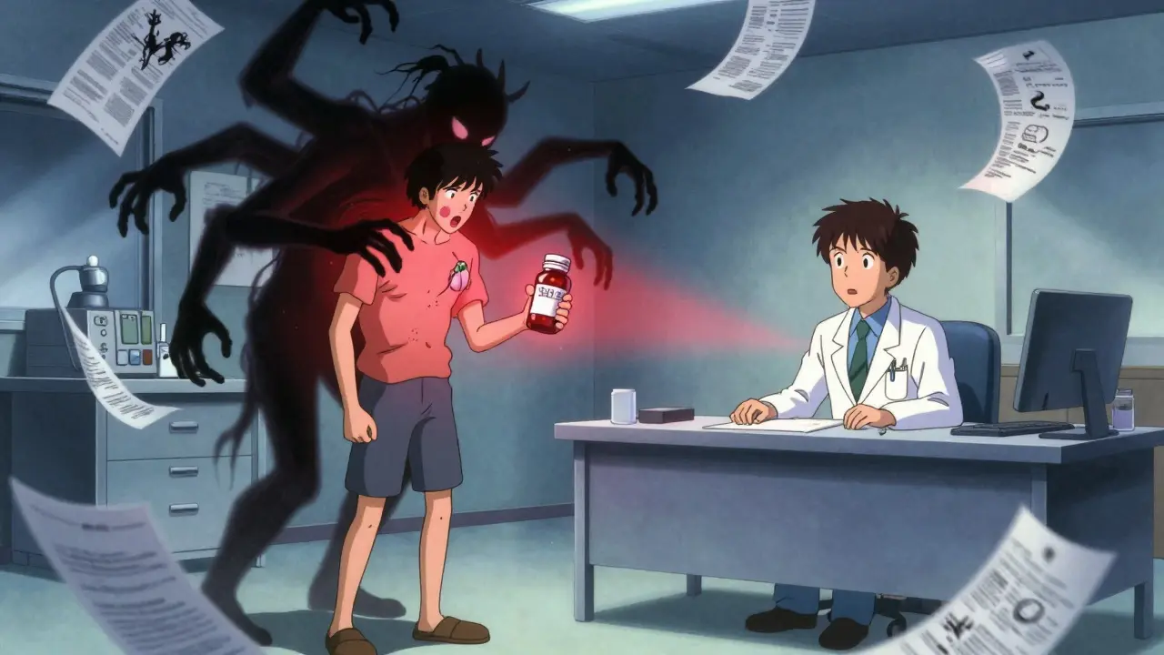 Distorted anime scene of patient hiding garlic from doctor
