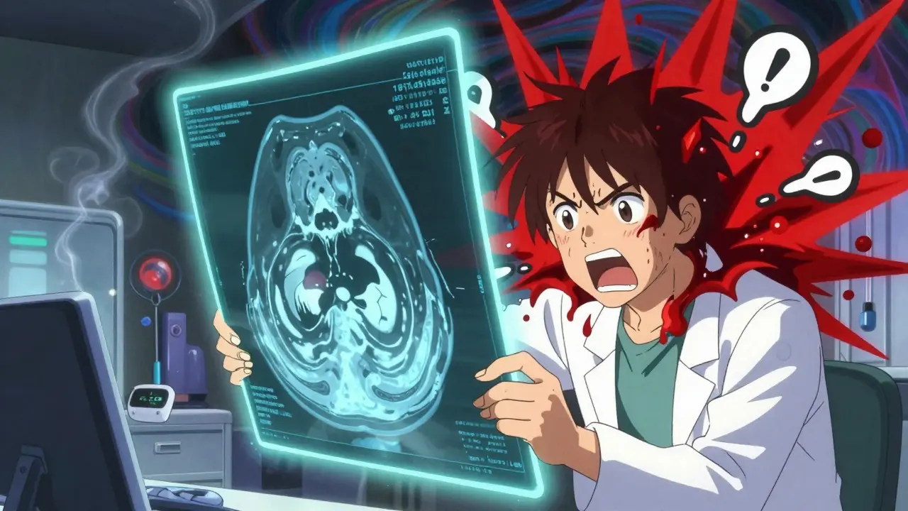 Doctor holding CT scan separating gradual fade from sudden pain figures