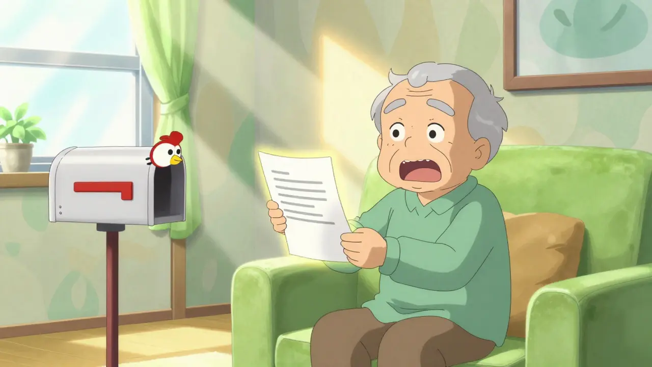 Happy senior sending application form via magical mailbox in cozy room.