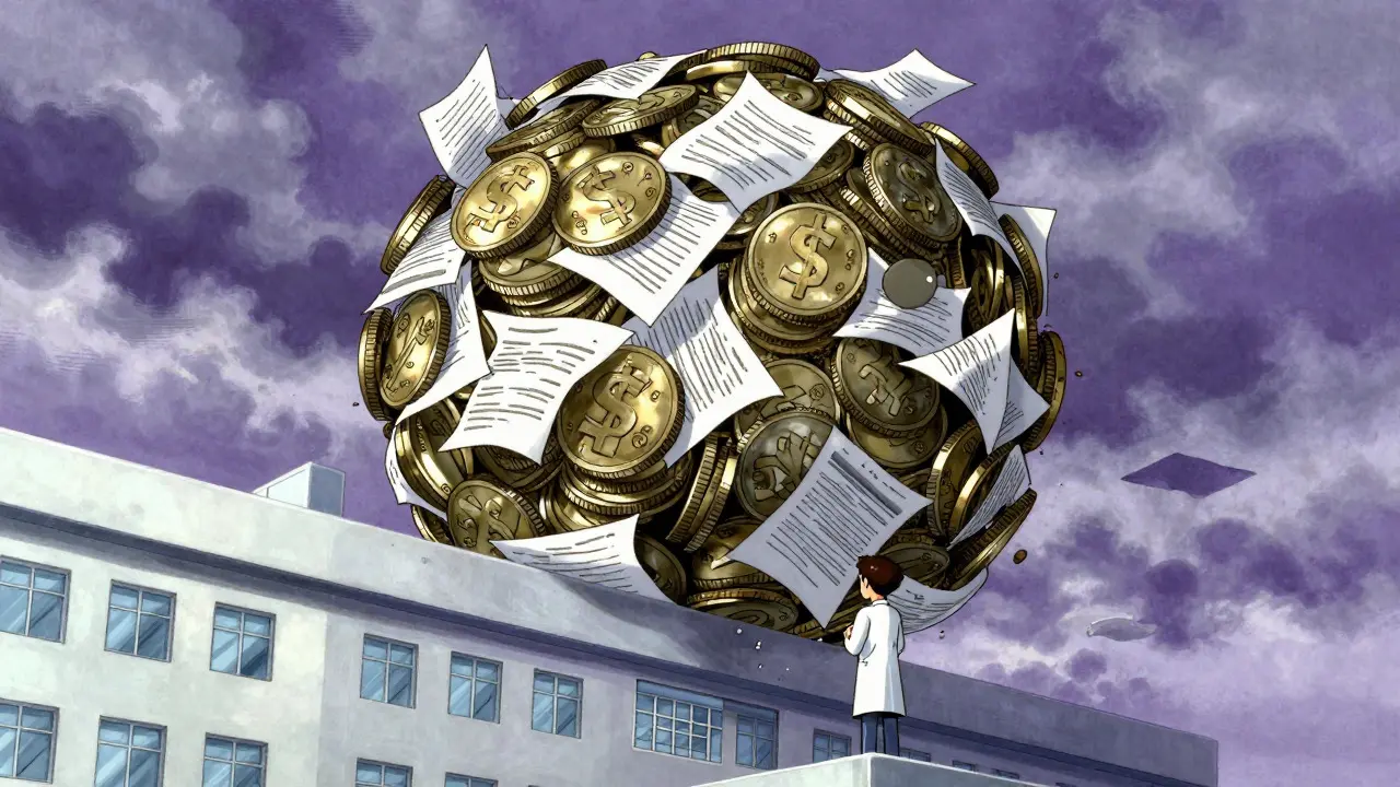 Hospital crushed by financial weight in colorful anime style