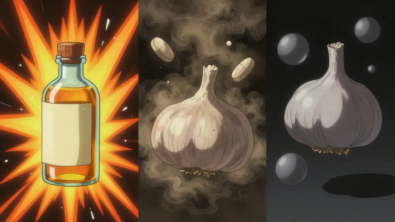Manga illustration comparing garlic supplement potency risks
