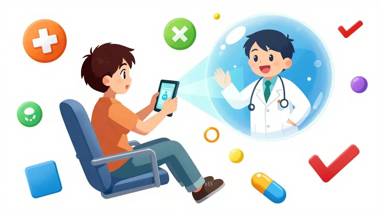 Patient using tablet for telemedicine consultation in colorful anime art