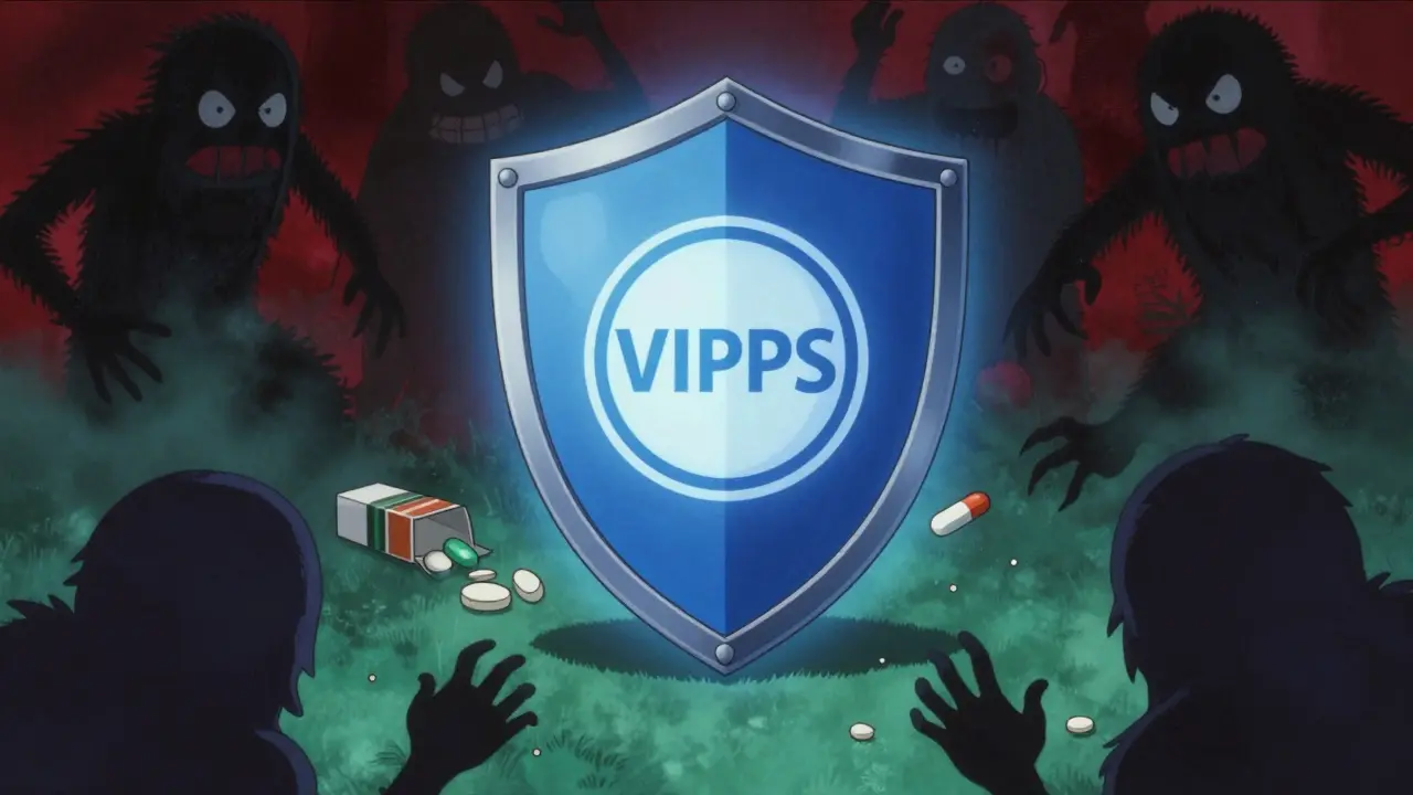Protective shield guarding medicine from scam monsters in manga style