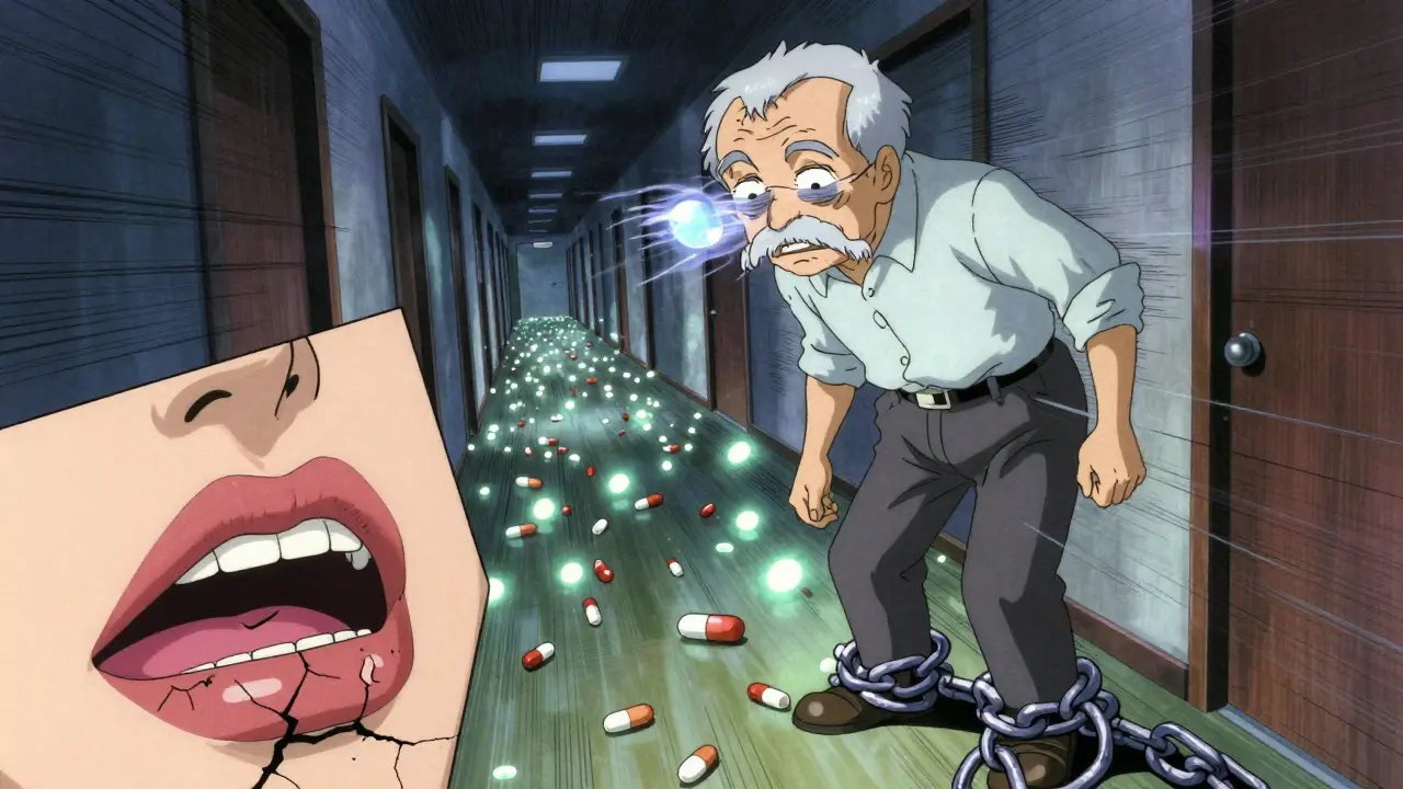 Senior stumbling in a warped hallway surrounded by glowing pills and visual metaphors for side effects.