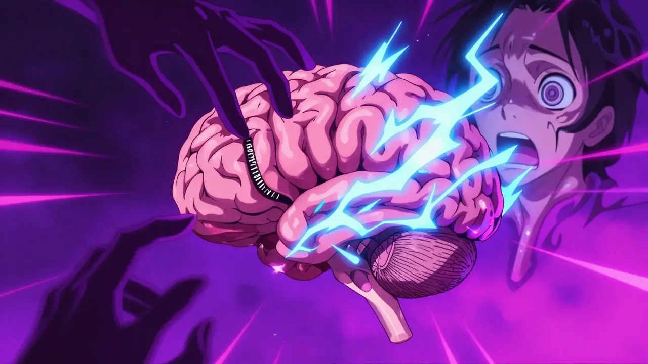 Stylized anime brain showing blocked receptors and electrical sparks causing confusion