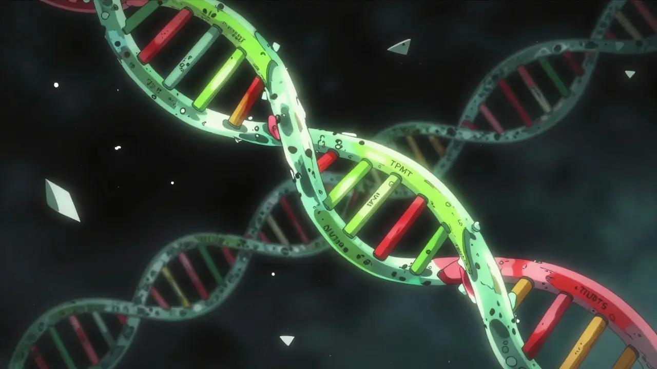 Stylized DNA helix with glowing gene variants, representing TPMT and NUDT15 genetic testing.