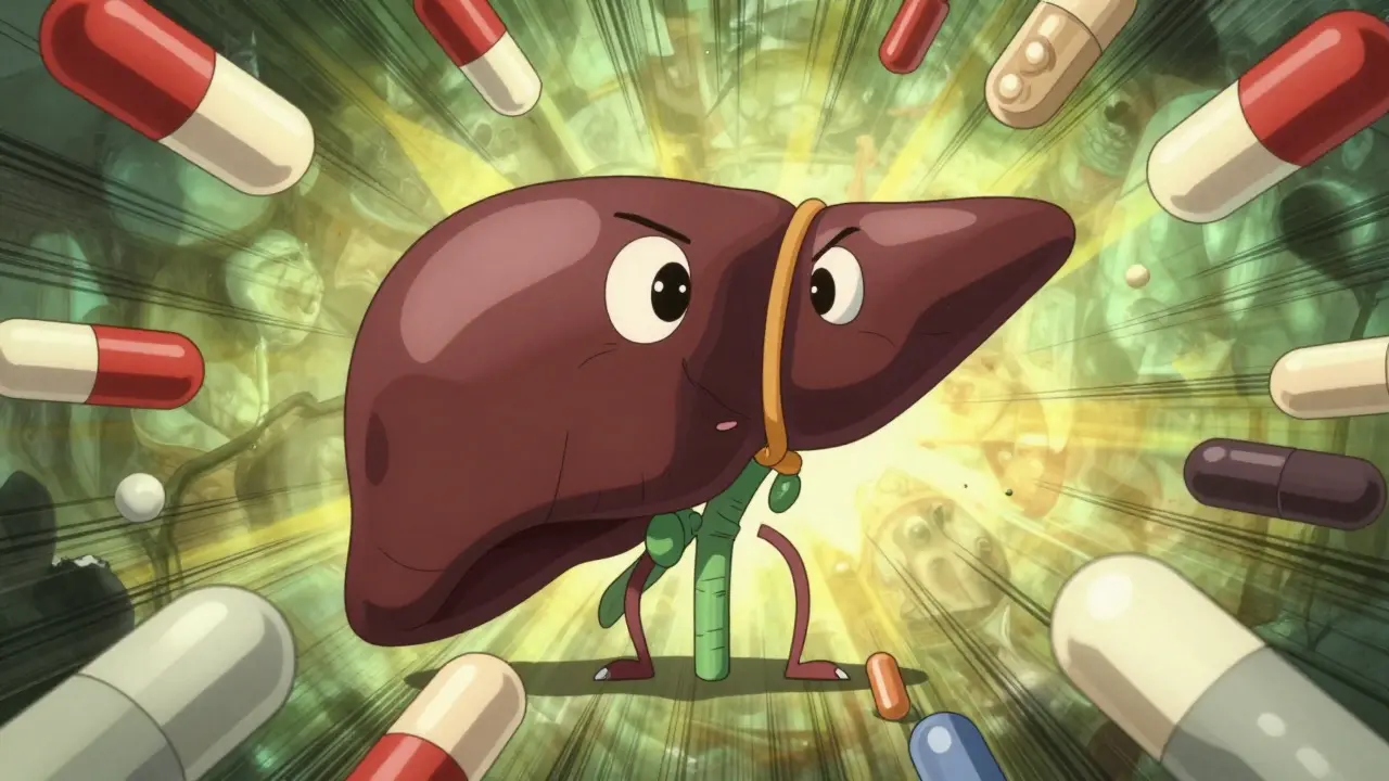 Surreal anime liver struggling against pill-shaped toxins