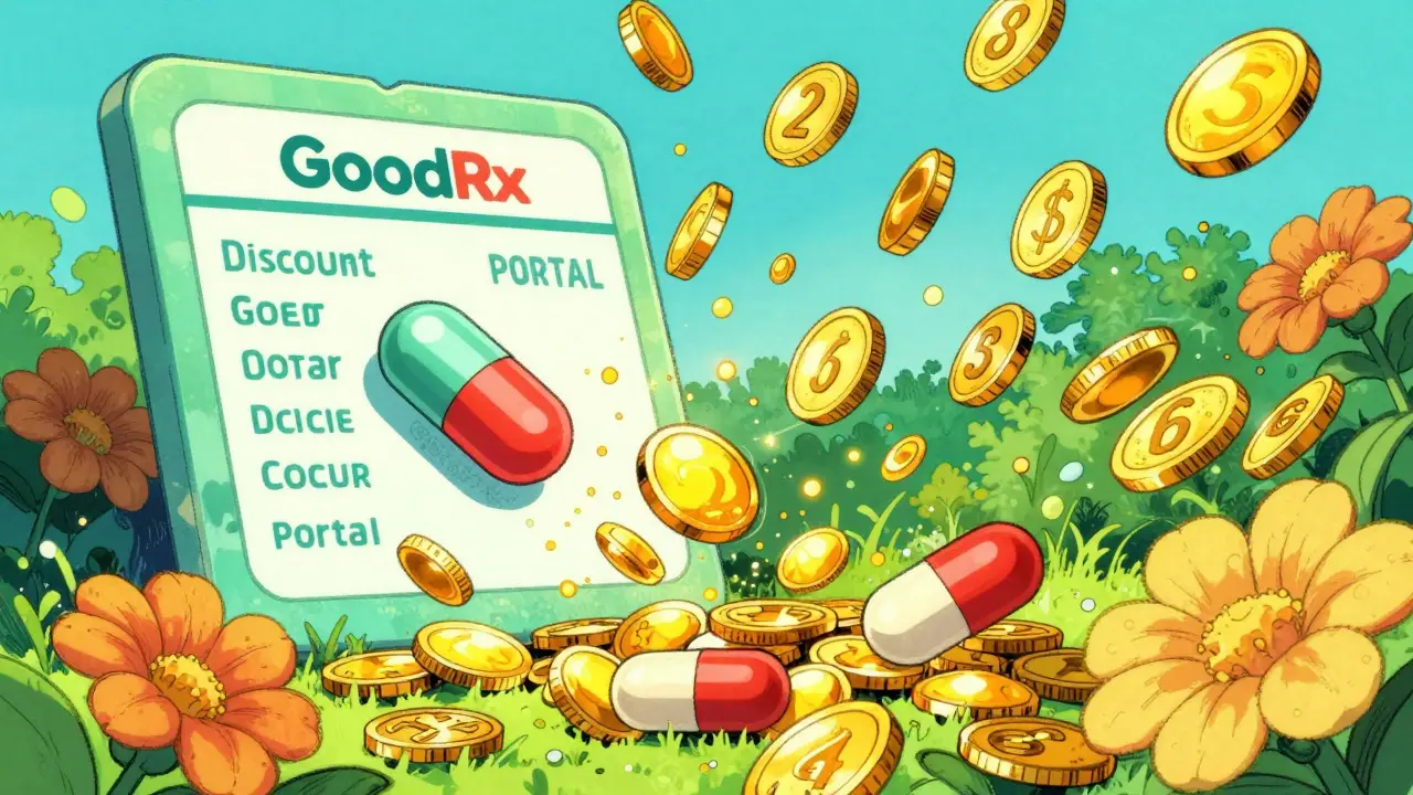 Whimsical illustration of medication costs dropping via discount coupons