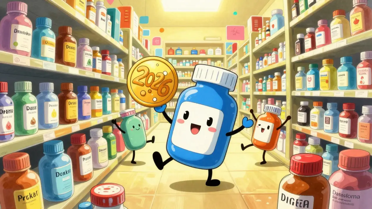 Whimsical manga style illustration of happy medicine bottles celebrating low prices.