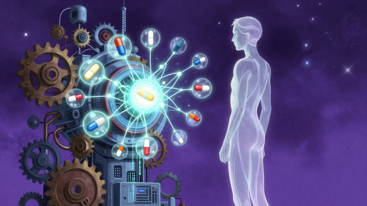 Abstract anime art of AI machine processing medications for safety