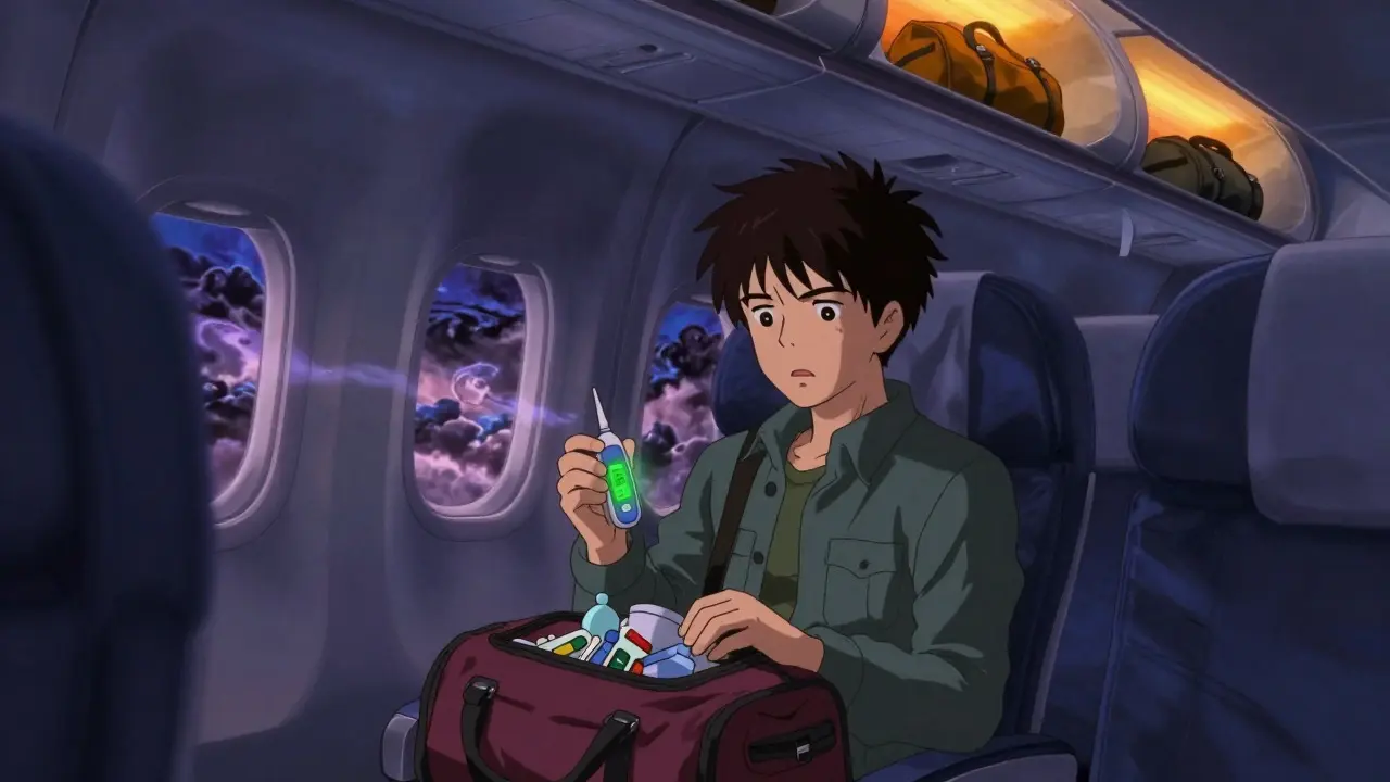 Airplane passenger monitoring medication temperature in carry-on