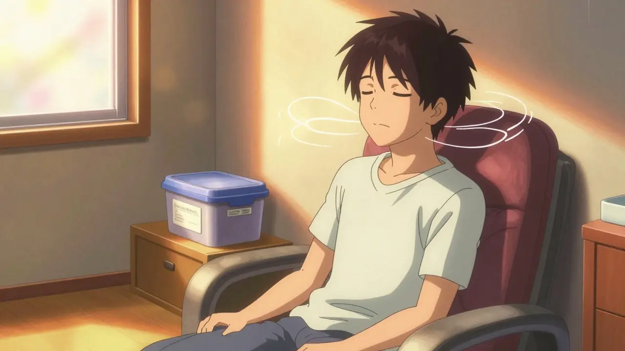 Anime character practicing deep breathing in a warm, sunlit room to reduce anxiety