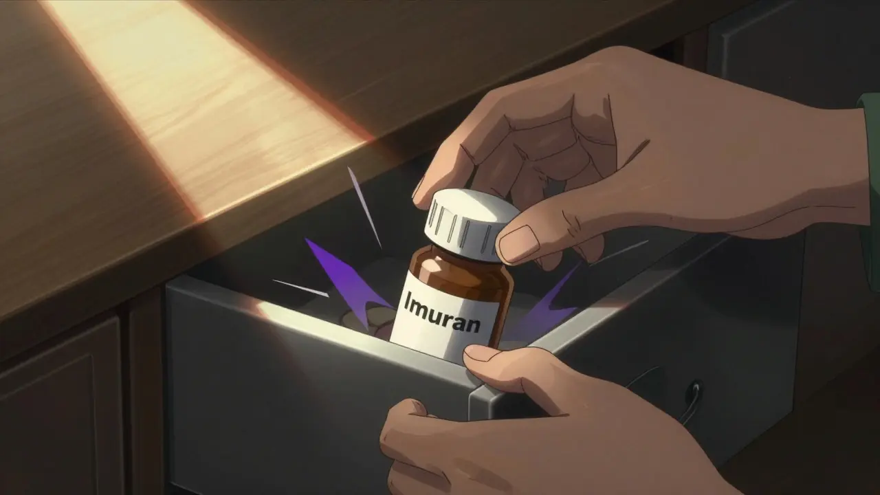 Anime illustration of a hand storing a pill bottle in a dark, protected cabinet