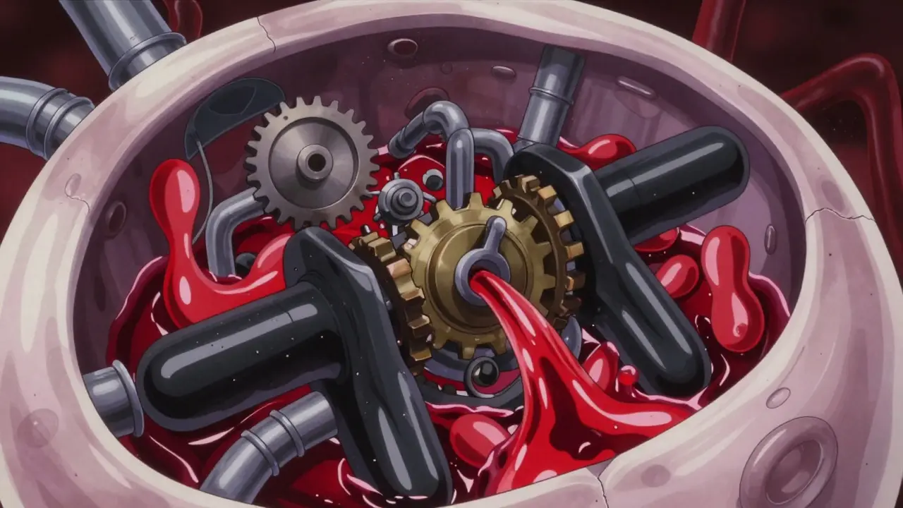 Anime illustration of antibiotic inhibitors jamming liver enzymes, causing Warfarin buildup.