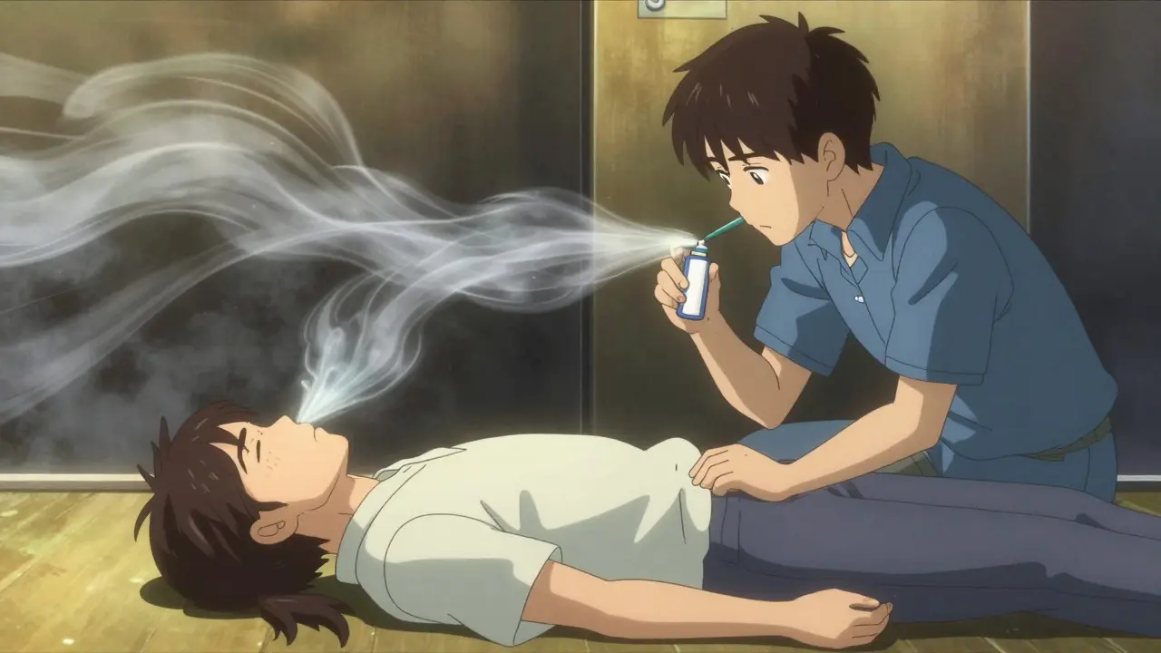 Bystander administering nasal spray to unconscious person in recovery position