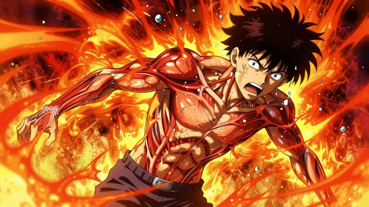 Chaotic figure surrounded by fire effects depicting stimulant overdose agitation