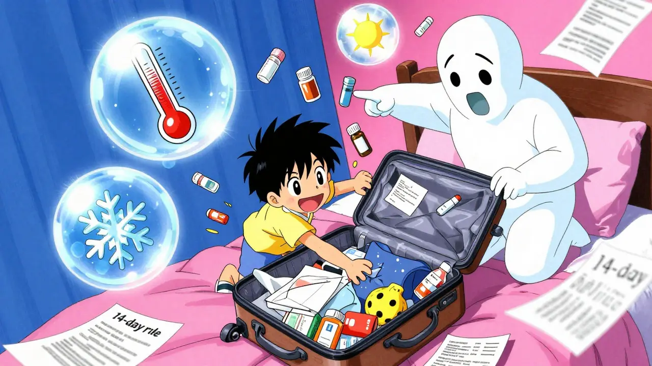 Character packing travel medications with temperature zone visuals