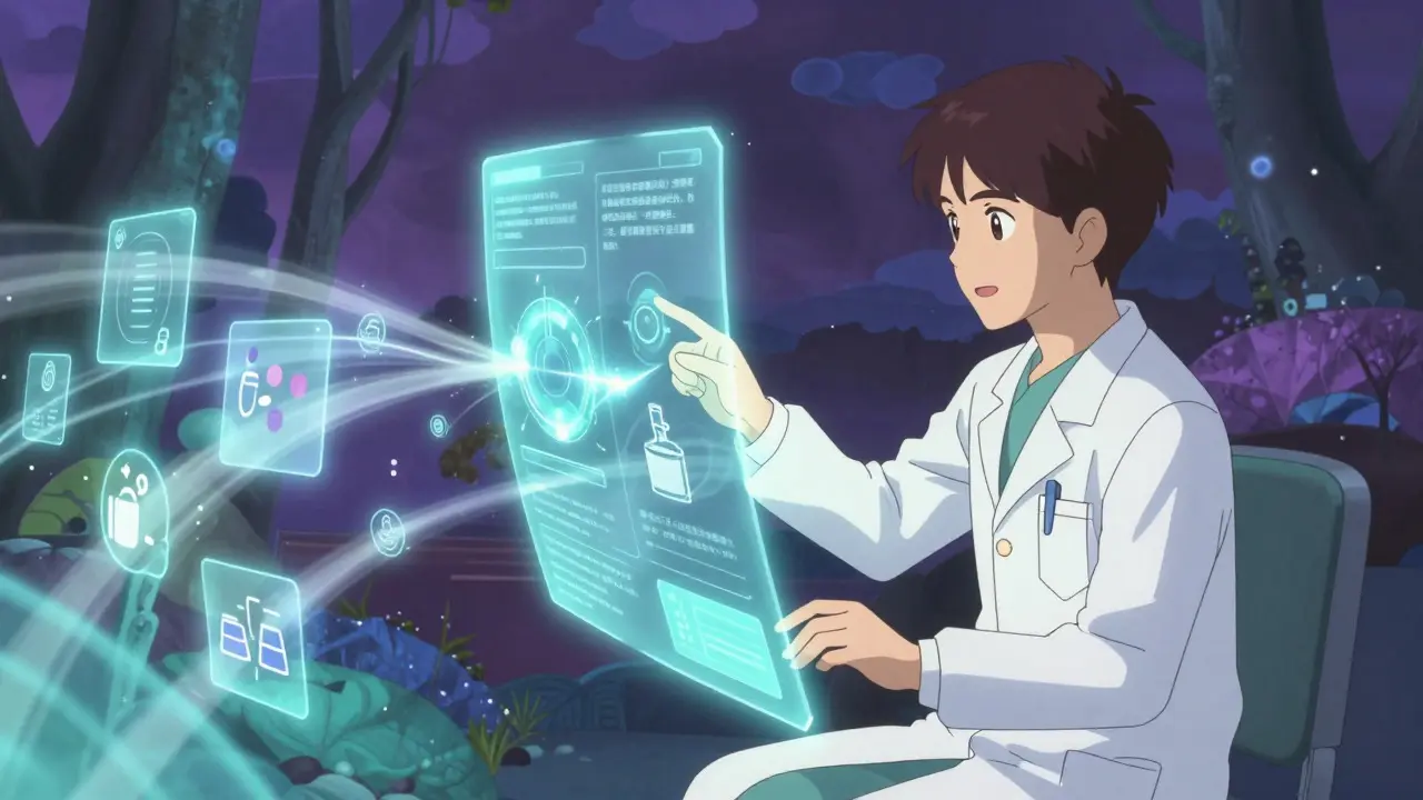 Clinician interacting with holographic data streams in a futuristic, calming setting