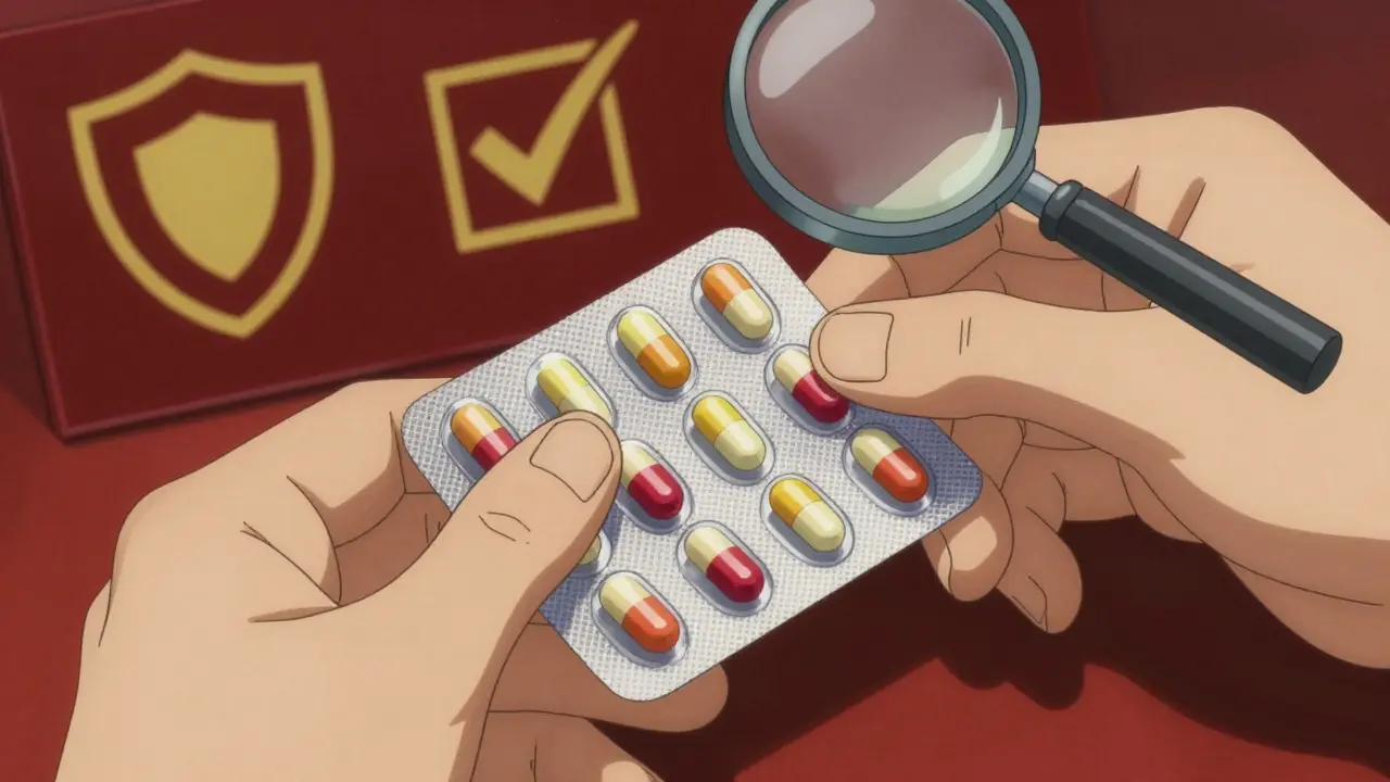 Close-up of hands checking medication packaging for authenticity