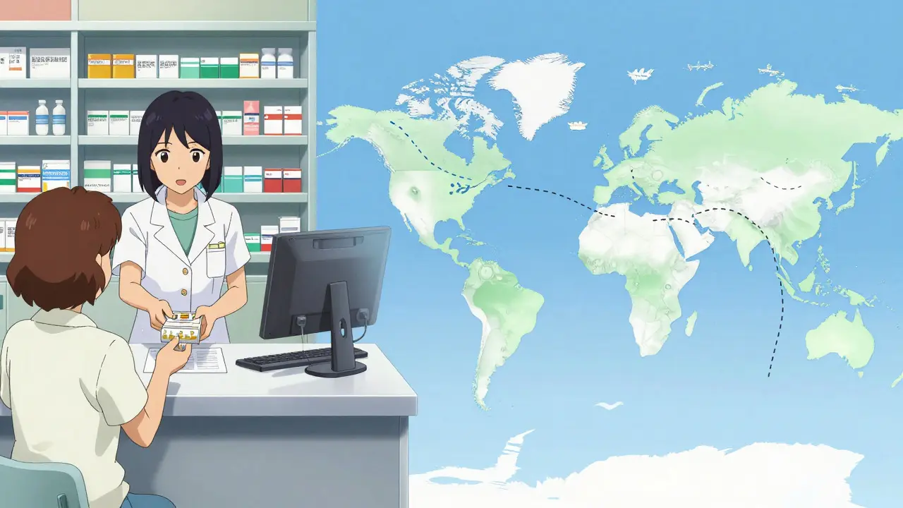 Illustration comparing local pharmacy pickup and global shipping routes