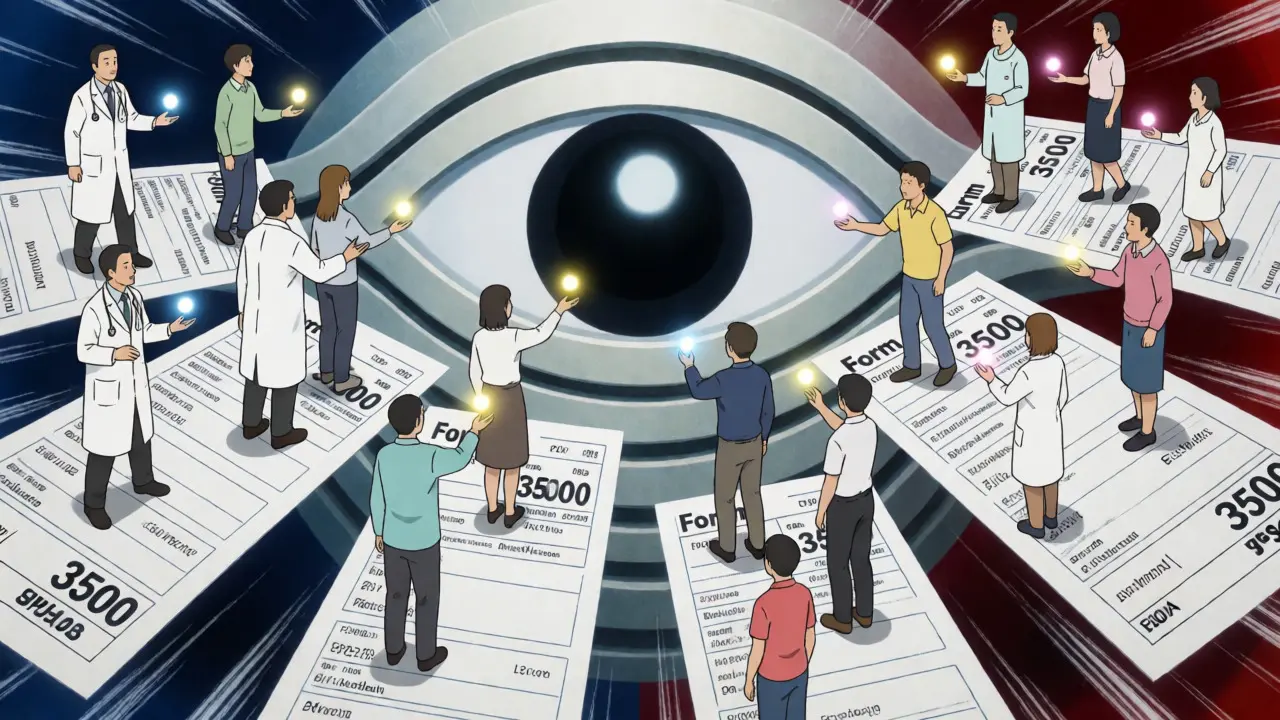 People submitting reports to FDA MedWatch depicted as floating platforms
