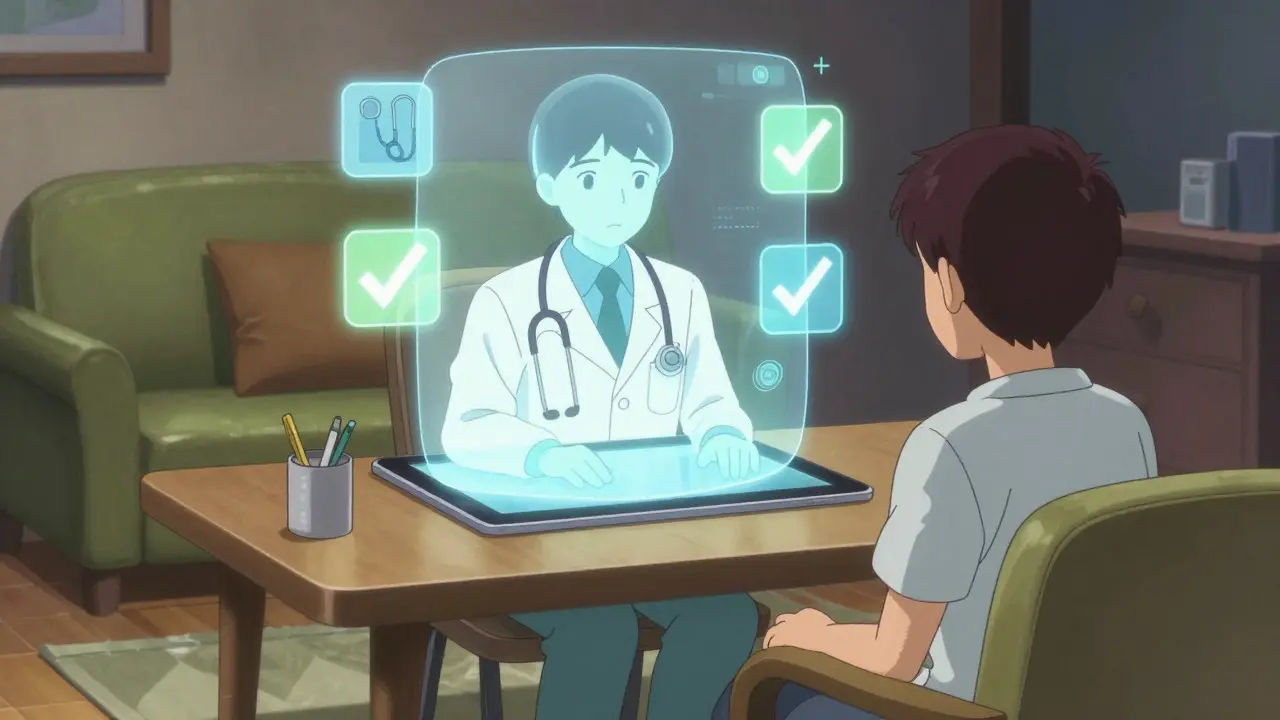 Stylized anime illustration of safe telehealth medical consultation