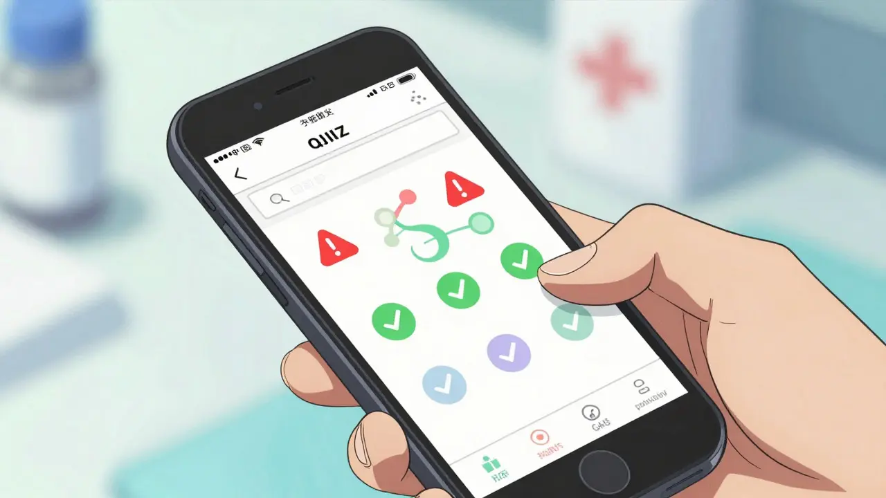 Stylized hand holding phone showing colorful drug interaction alerts