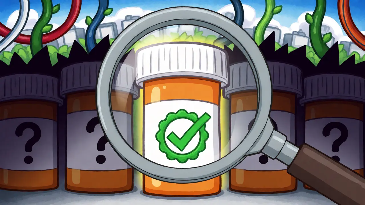 Anime-style magnifying glass inspecting pill bottles to identify safe vs. scam sources.