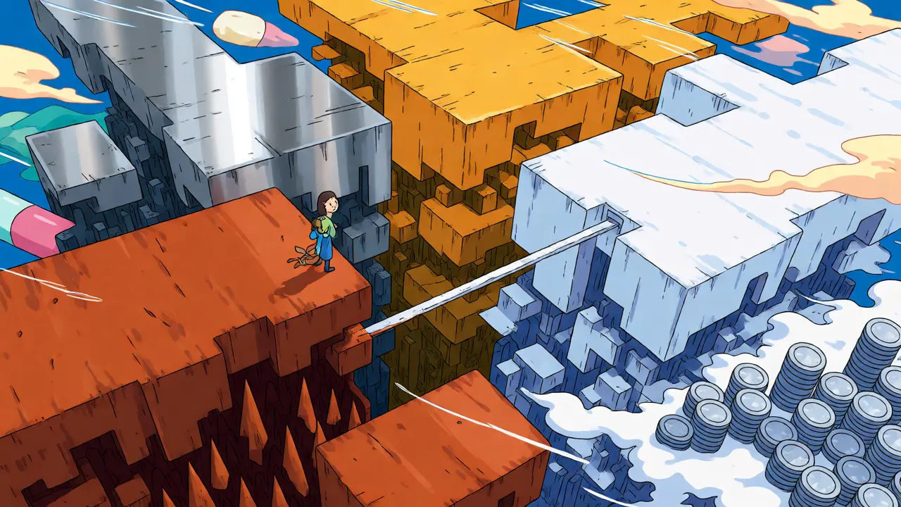 Character navigating ACA metal tiers as floating platforms