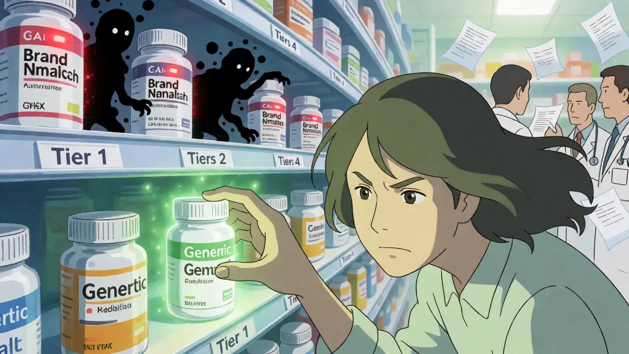 Patient reaching for affordable generic drugs in pharmacy
