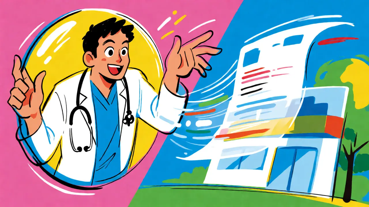 Stylized anime scene connecting a doctor via video call to a digital prescription flow.